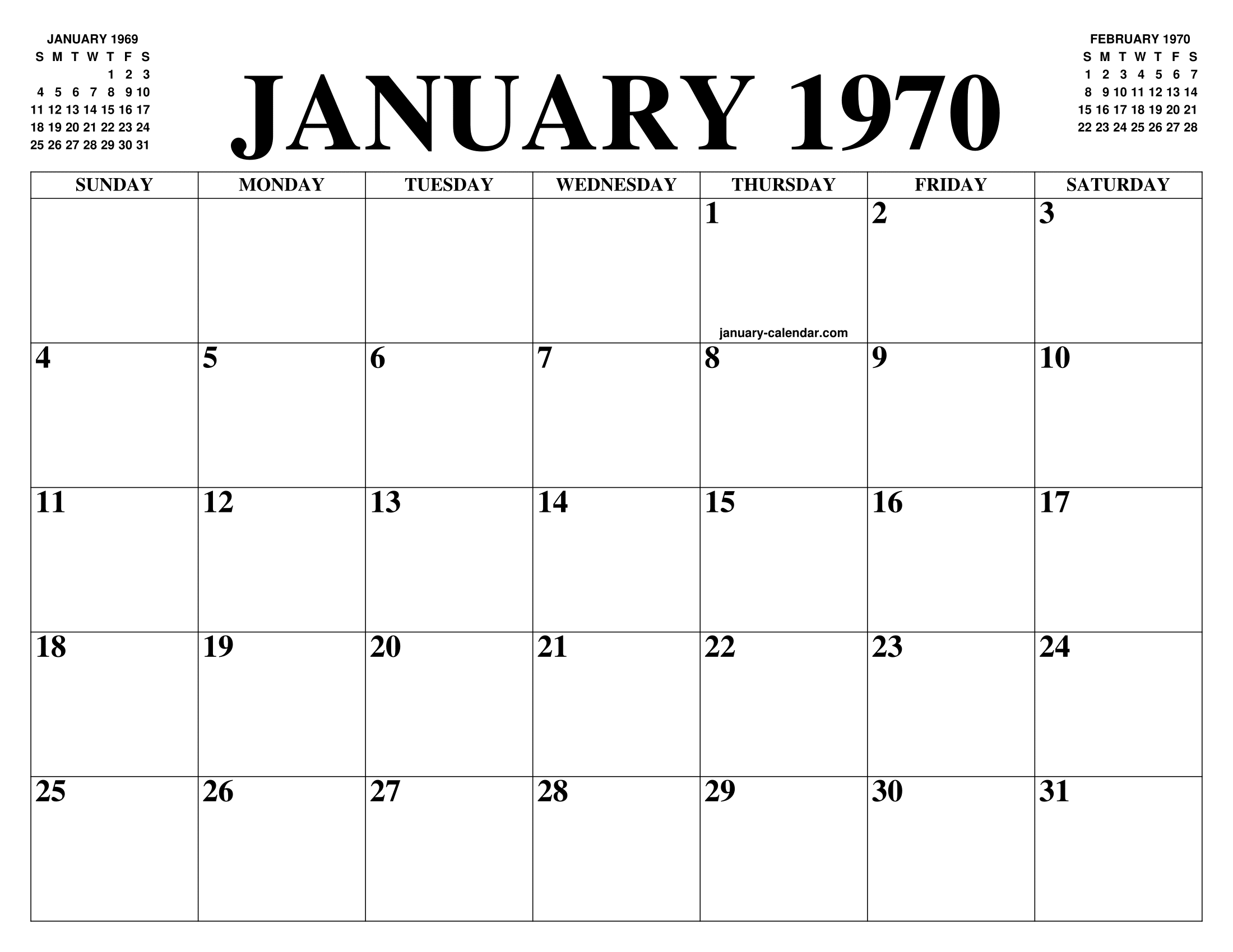 JANUARY 1970 CALENDAR OF THE MONTH FREE PRINTABLE JANUARY CALENDAR OF 