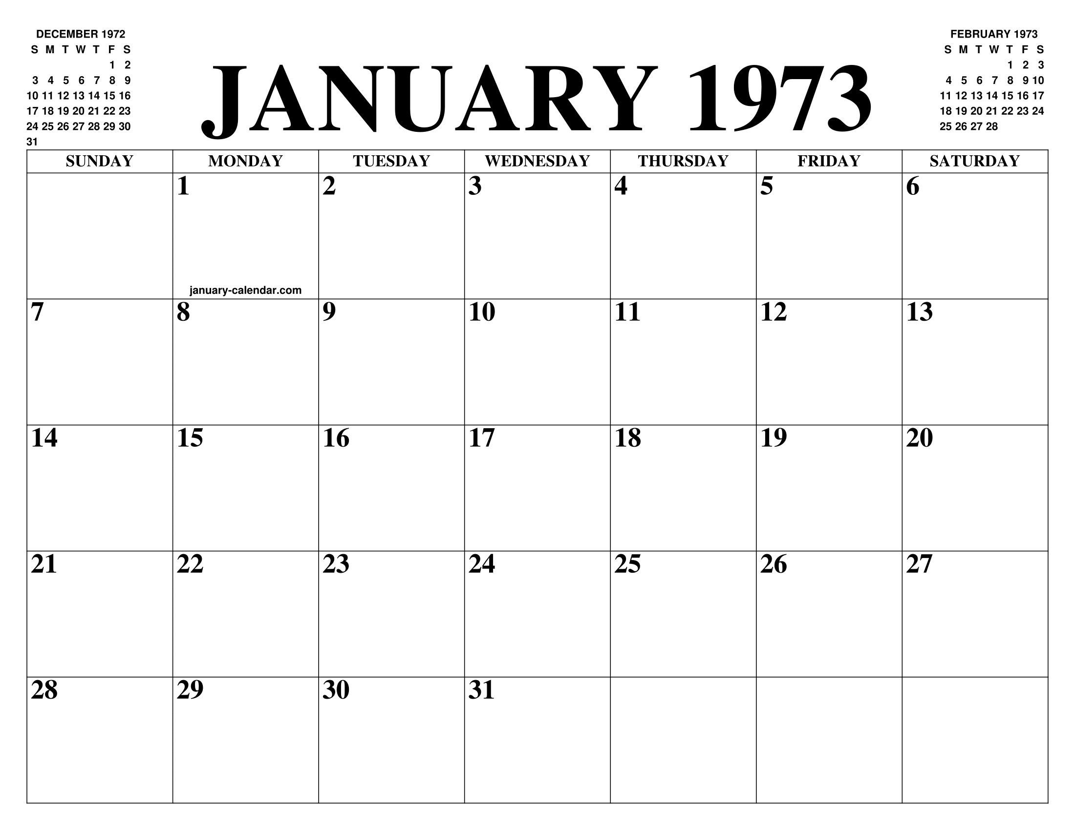 JANUARY 1973 CALENDAR OF THE MONTH: FREE PRINTABLE JANUARY CALENDAR OF
