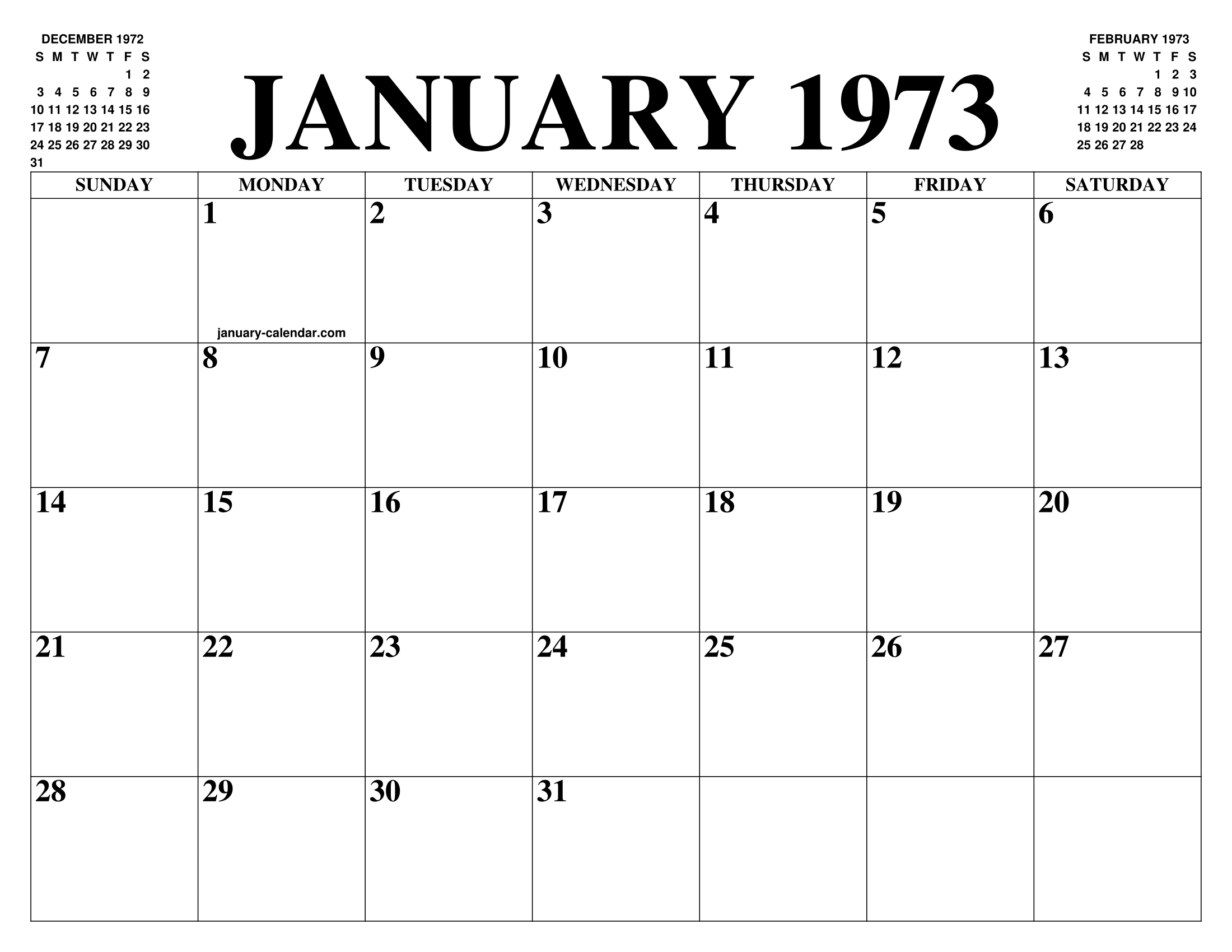 JANUARY 1973 CALENDAR OF THE MONTH FREE PRINTABLE JANUARY CALENDAR OF 