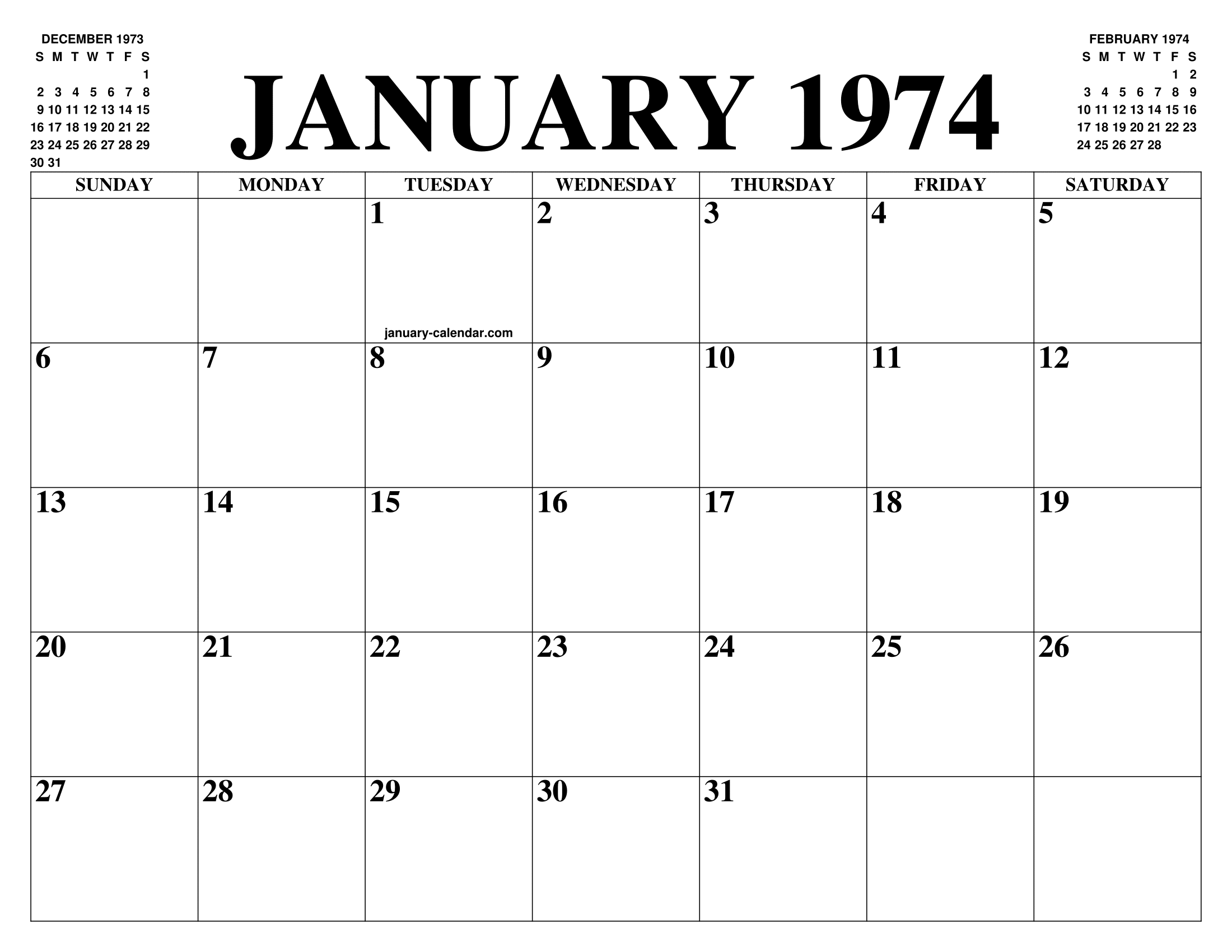 JANUARY 1974 CALENDAR OF THE MONTH: FREE PRINTABLE JANUARY CALENDAR OF