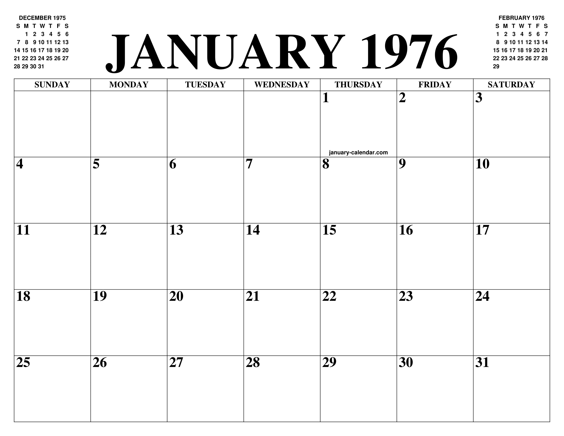 JANUARY 1976 CALENDAR OF THE MONTH FREE PRINTABLE JANUARY CALENDAR OF