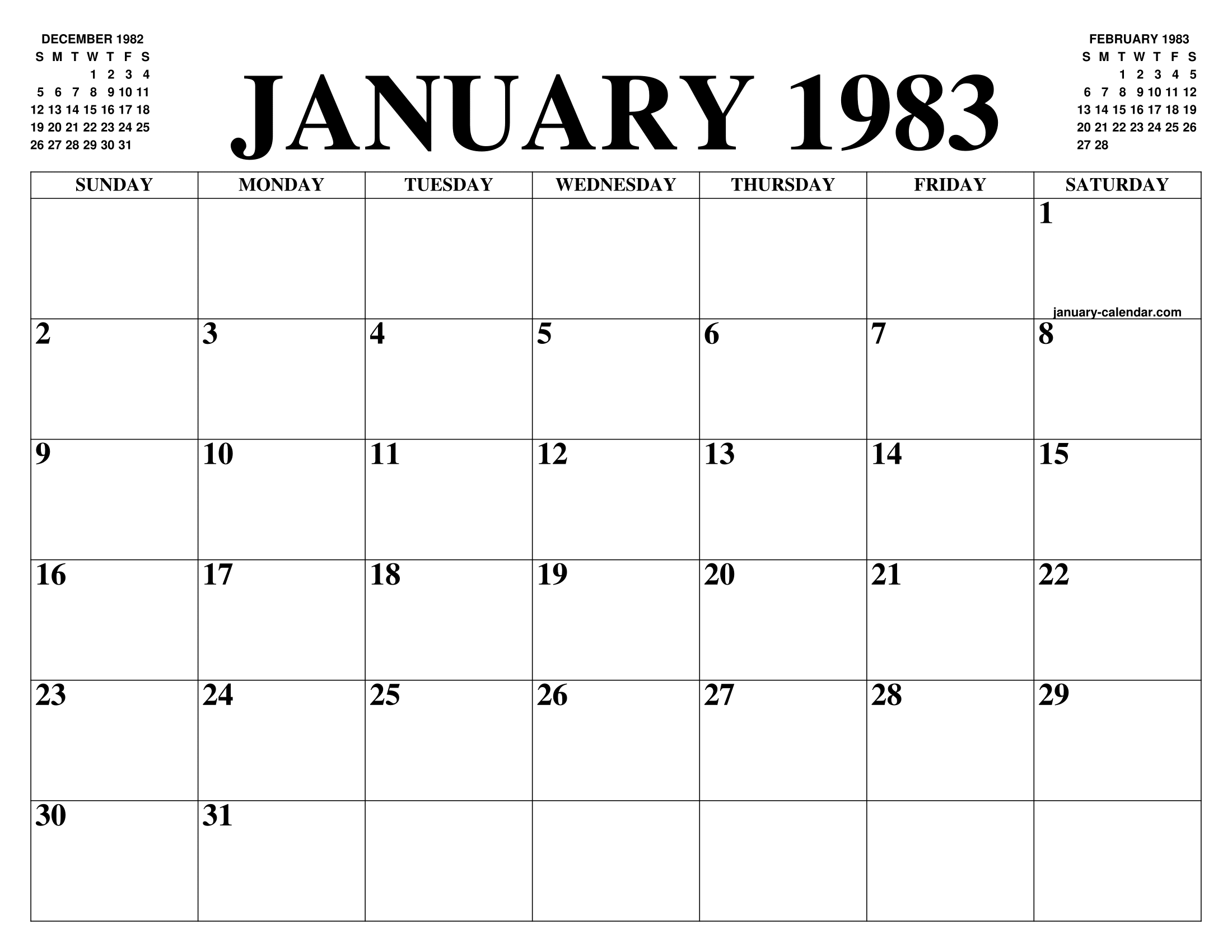 JANUARY 1983 CALENDAR OF THE MONTH: FREE PRINTABLE JANUARY CALENDAR OF THE YEAR - AGENDA