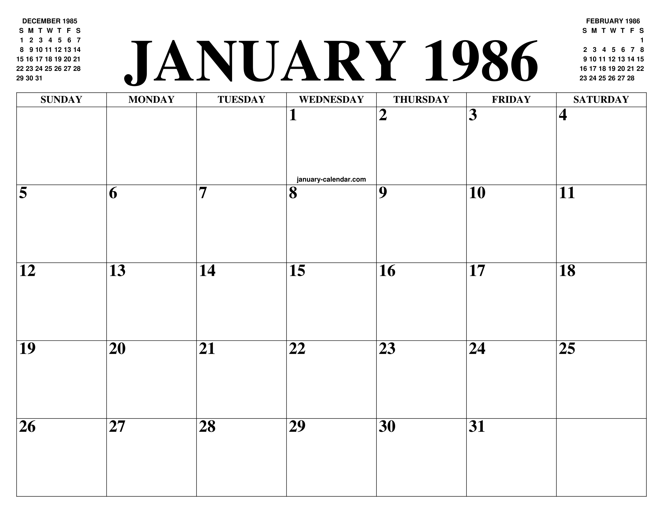 JANUARY 1986 CALENDAR OF THE MONTH FREE PRINTABLE JANUARY CALENDAR OF JANUARY 1986 CALENDAR OF THE MONTH FREE PRINTABLE JANUARY CALENDAR OF