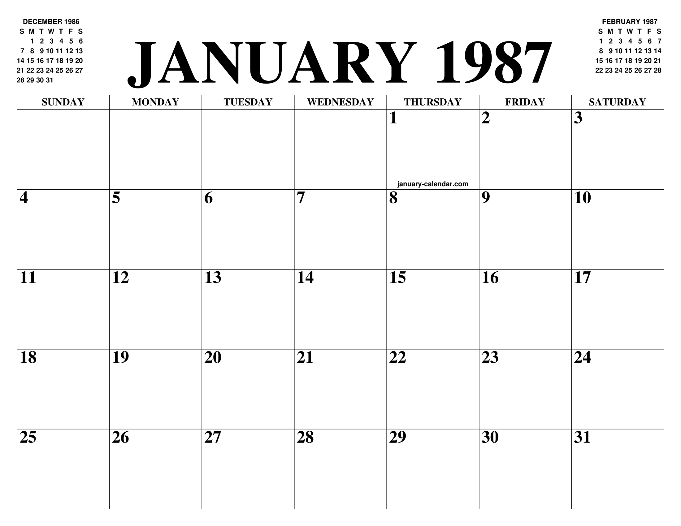 JANUARY 1987 CALENDAR OF THE MONTH: FREE PRINTABLE JANUARY CALENDAR OF