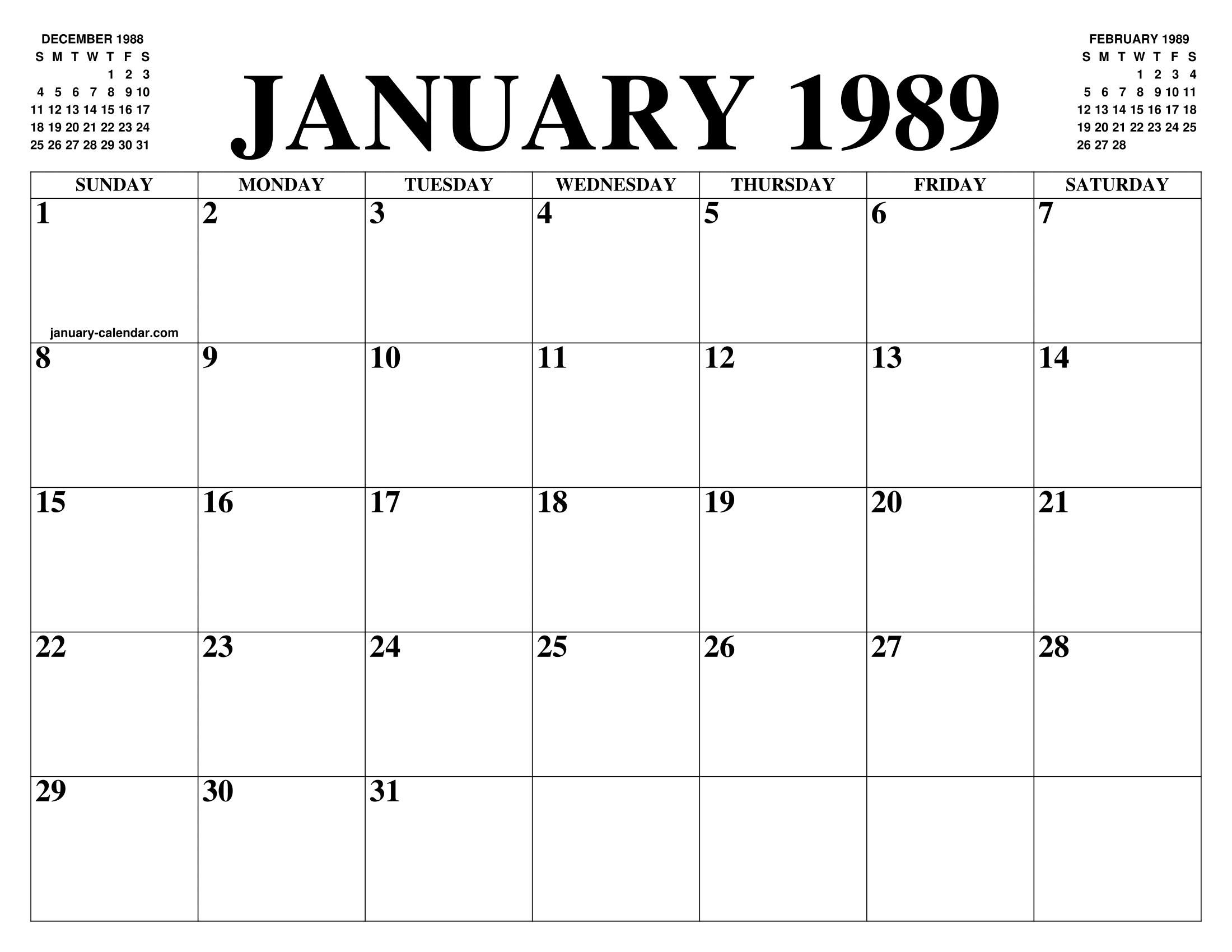 JANUARY 1989 CALENDAR OF THE MONTH FREE PRINTABLE JANUARY CALENDAR OF 