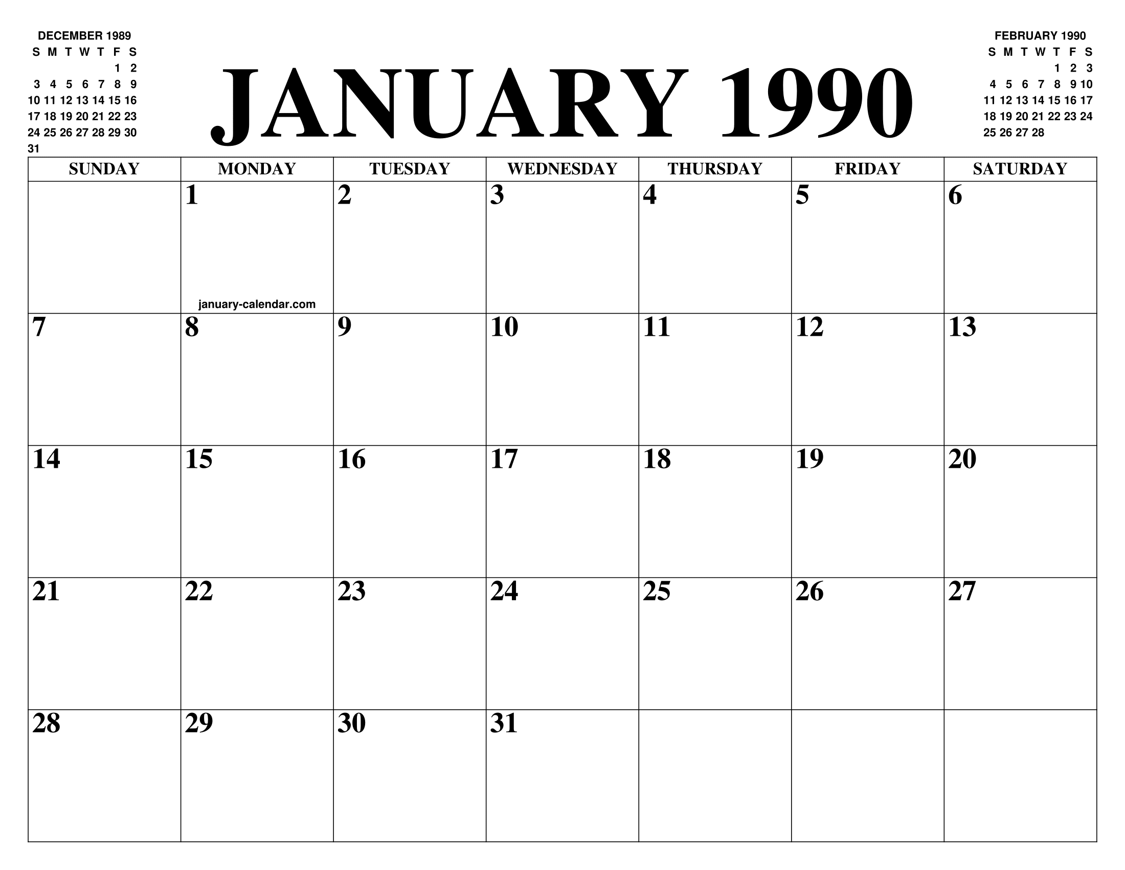 JANUARY 1990 CALENDAR OF THE MONTH FREE PRINTABLE JANUARY CALENDAR OF JANUARY 1990 CALENDAR OF THE MONTH FREE PRINTABLE JANUARY CALENDAR OF