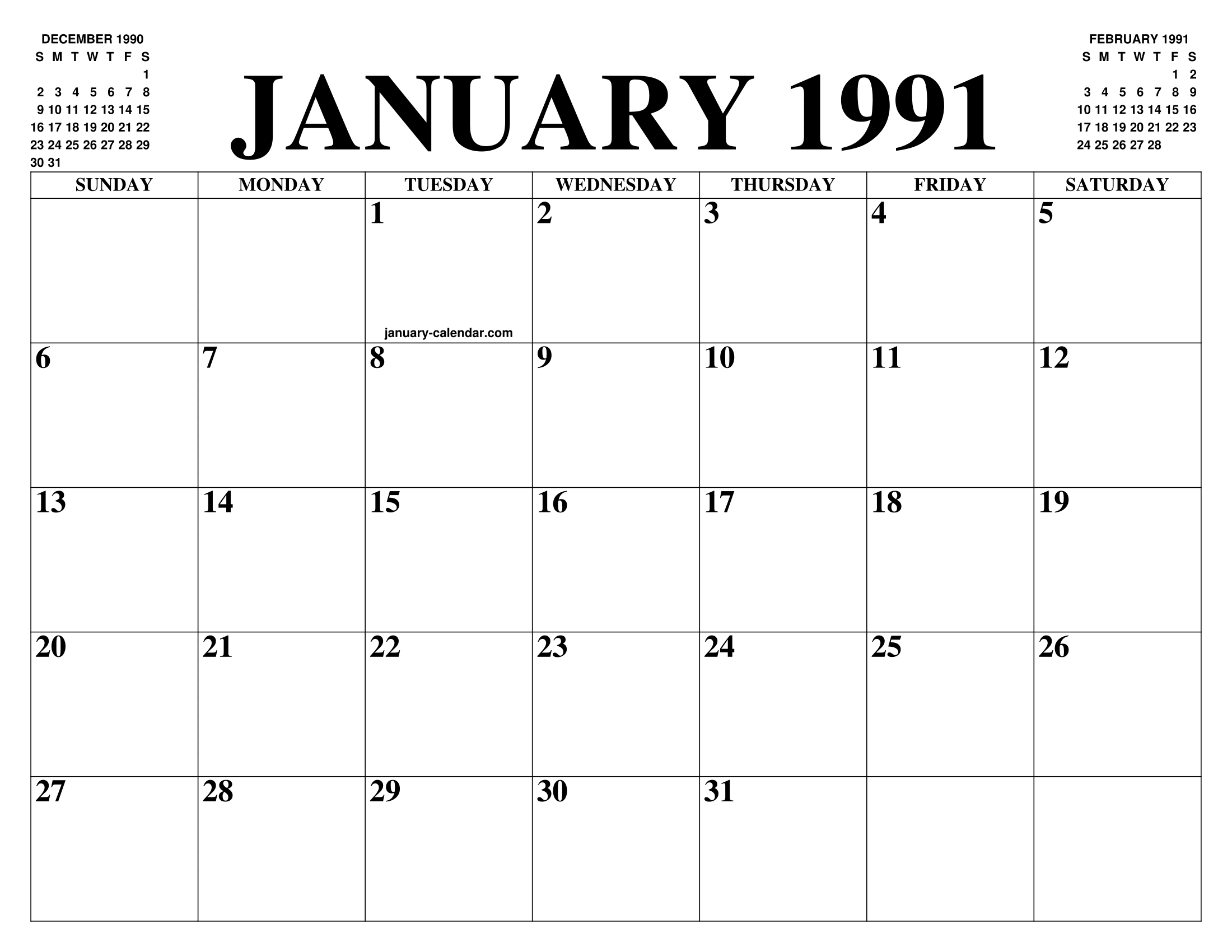 January 1991 Calendar Printable Calendar
