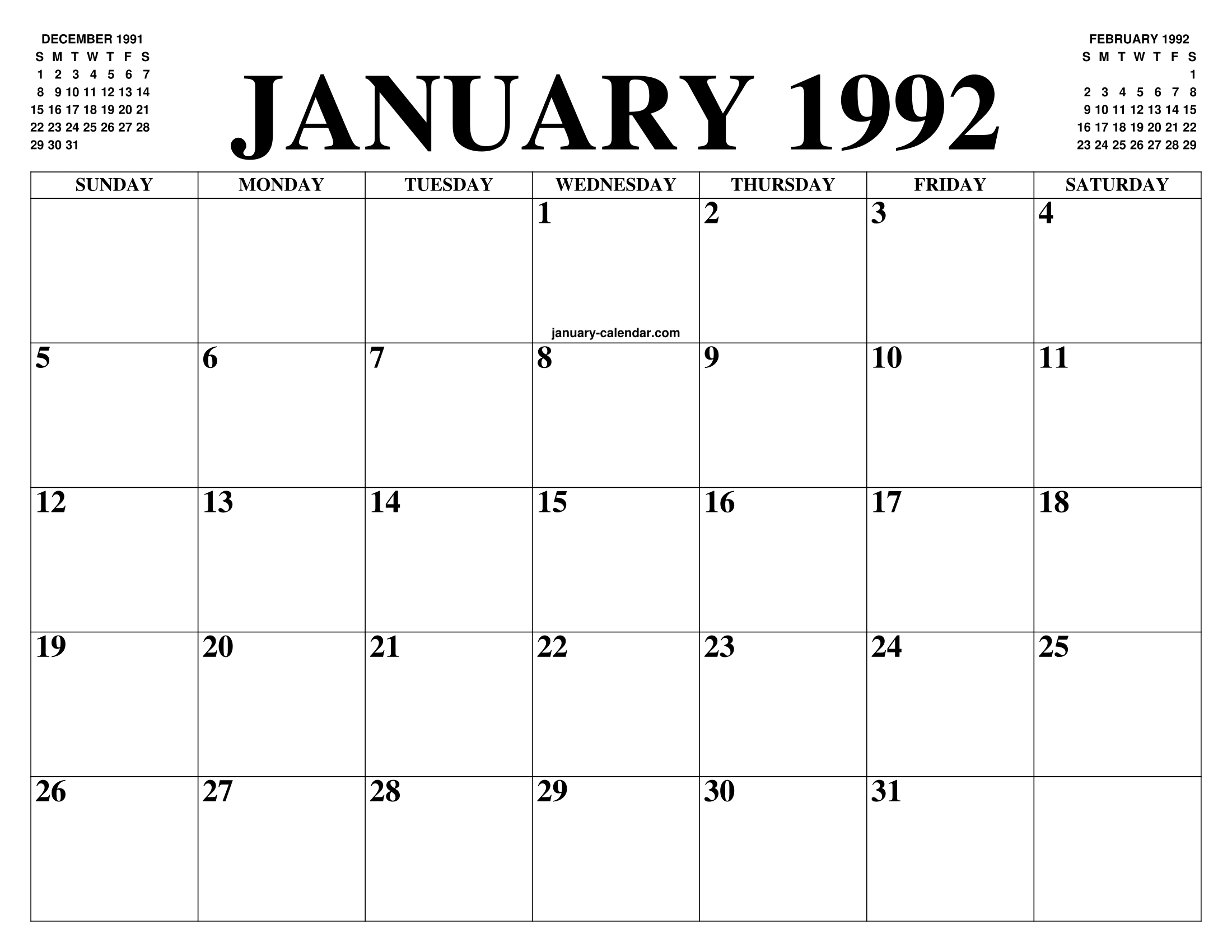 JANUARY 1992 CALENDAR OF THE MONTH FREE PRINTABLE JANUARY CALENDAR OF