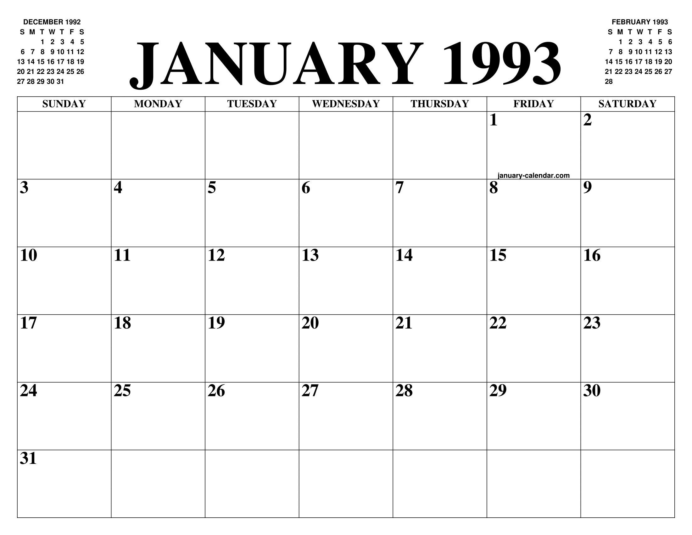 JANUARY 1993 CALENDAR OF THE MONTH FREE PRINTABLE JANUARY CALENDAR OF