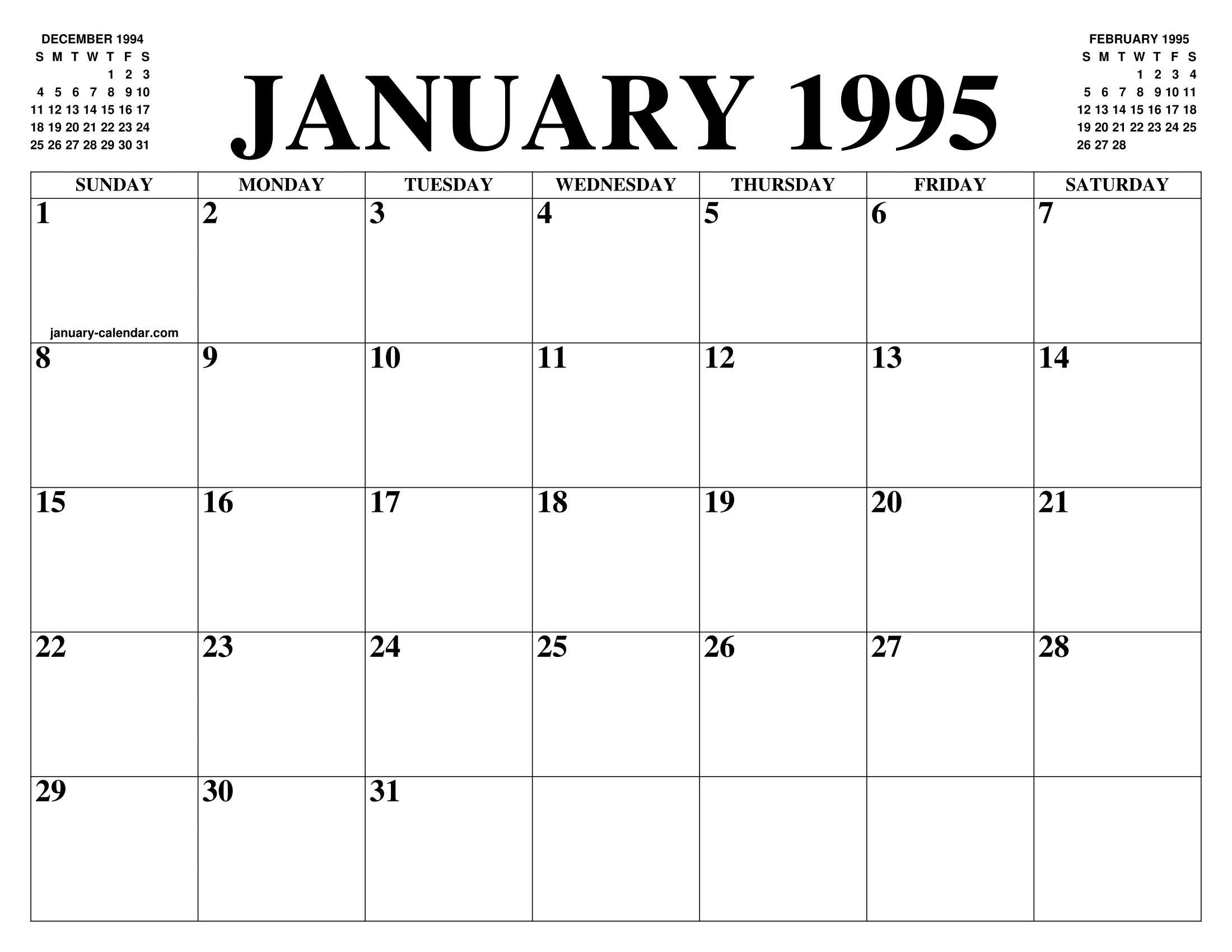 JANUARY 1995 CALENDAR OF THE MONTH FREE PRINTABLE JANUARY CALENDAR OF