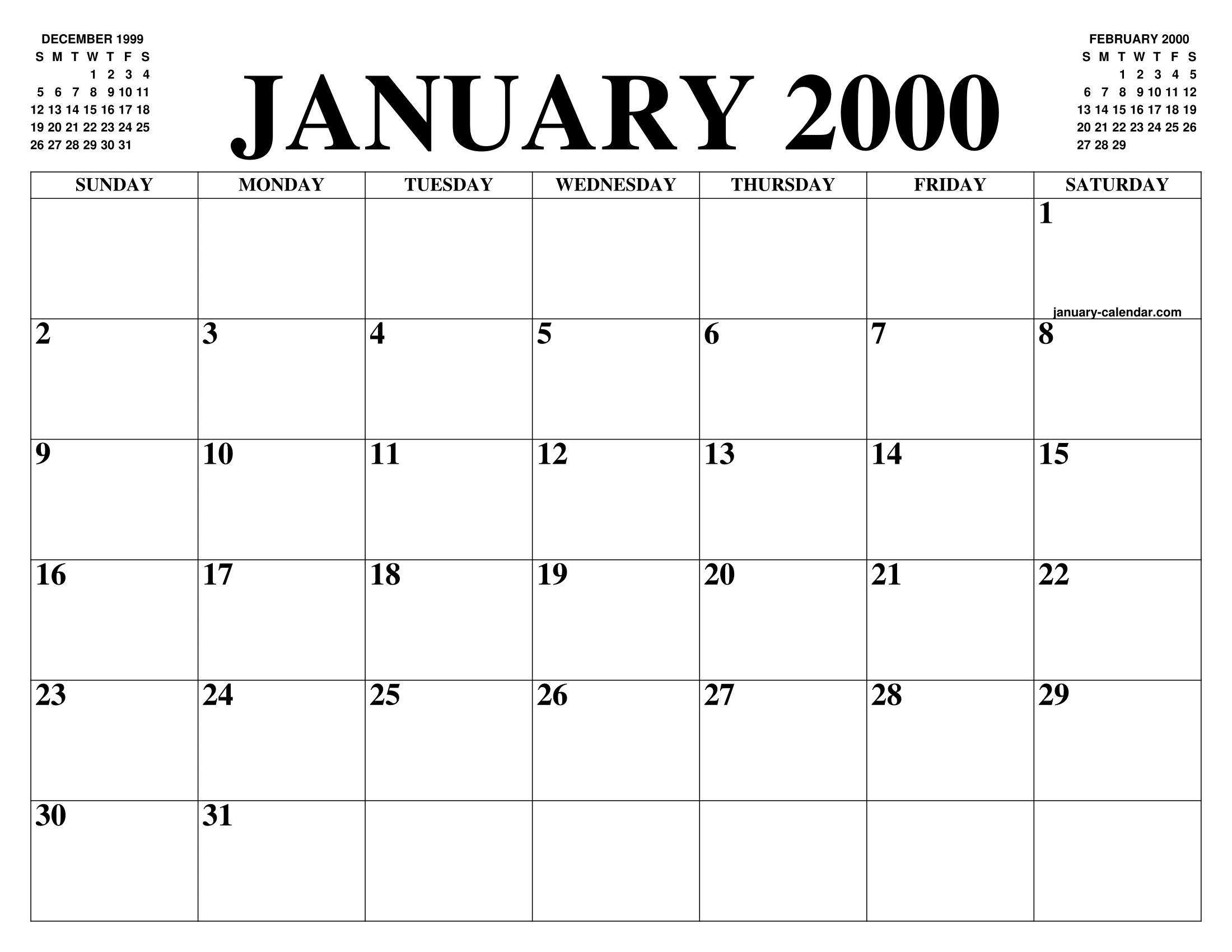 January 2000 Calendar Of The Month Free Printable January Calendar Of The Year Agenda