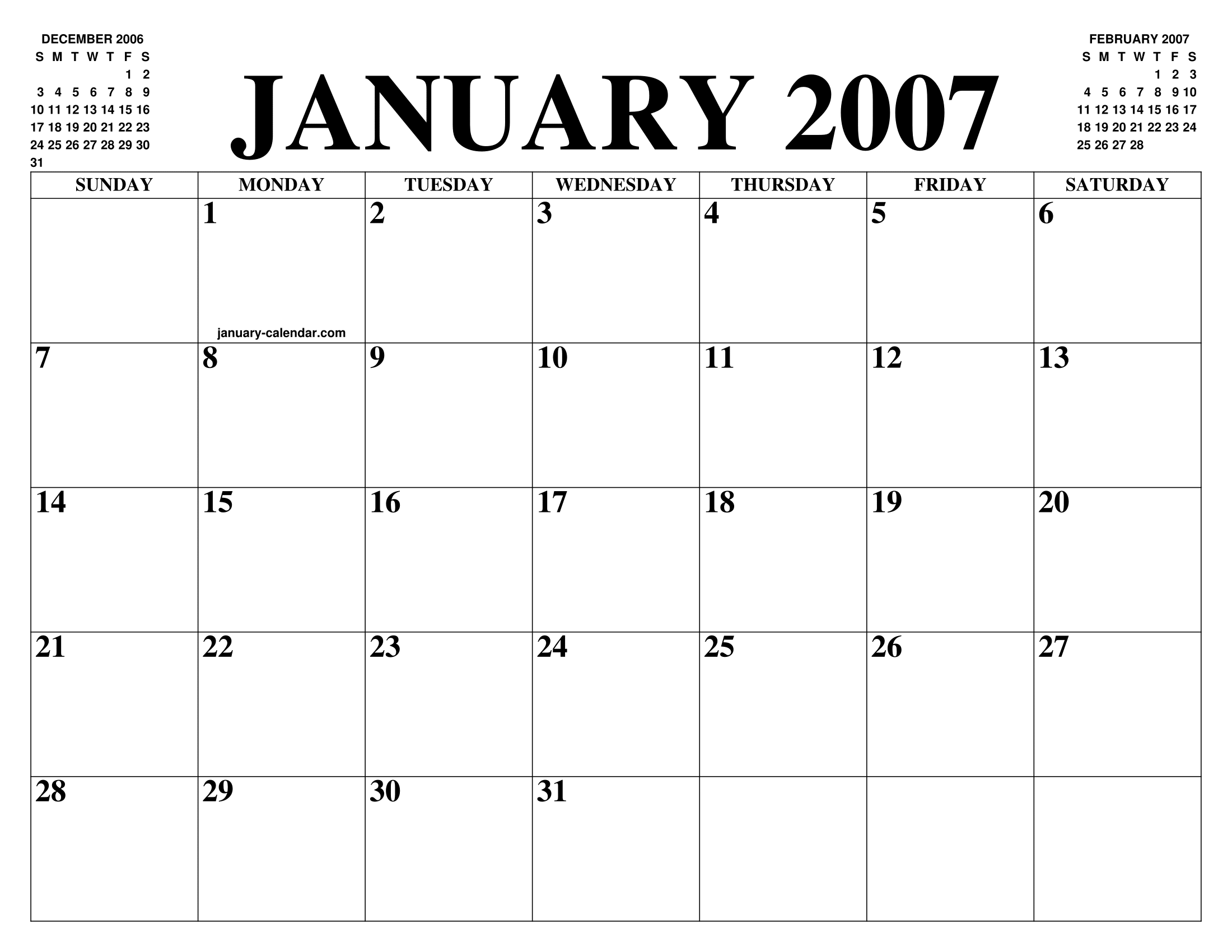 JANUARY 2007 CALENDAR OF THE MONTH FREE PRINTABLE JANUARY CALENDAR OF JANUARY 2007 CALENDAR OF THE MONTH FREE PRINTABLE JANUARY CALENDAR OF