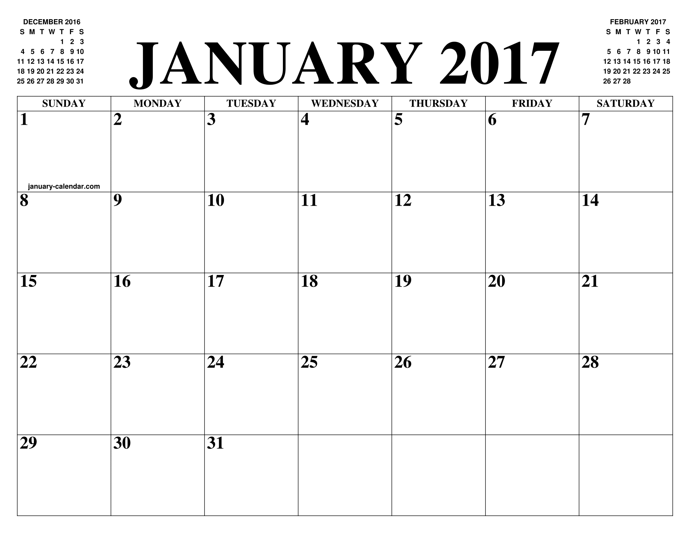 Vochtig Haas Investeren JANUARY 2017 CALENDAR OF THE MONTH: FREE PRINTABLE JANUARY CALENDAR OF THE  YEAR - AGENDA