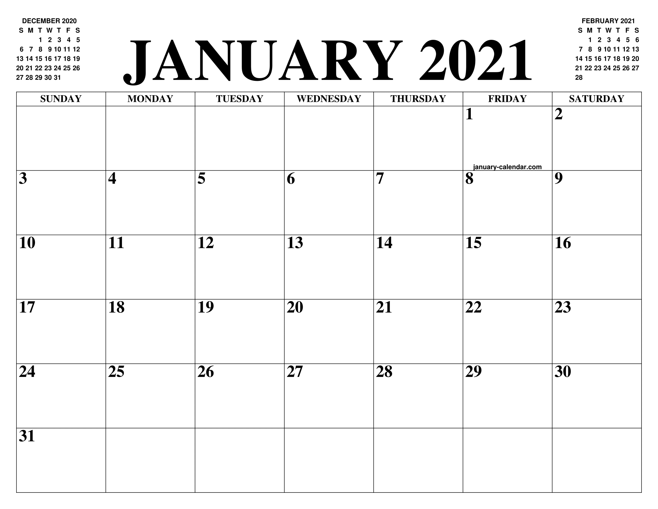 January 2021 Calendar Of The Month Free Printable January