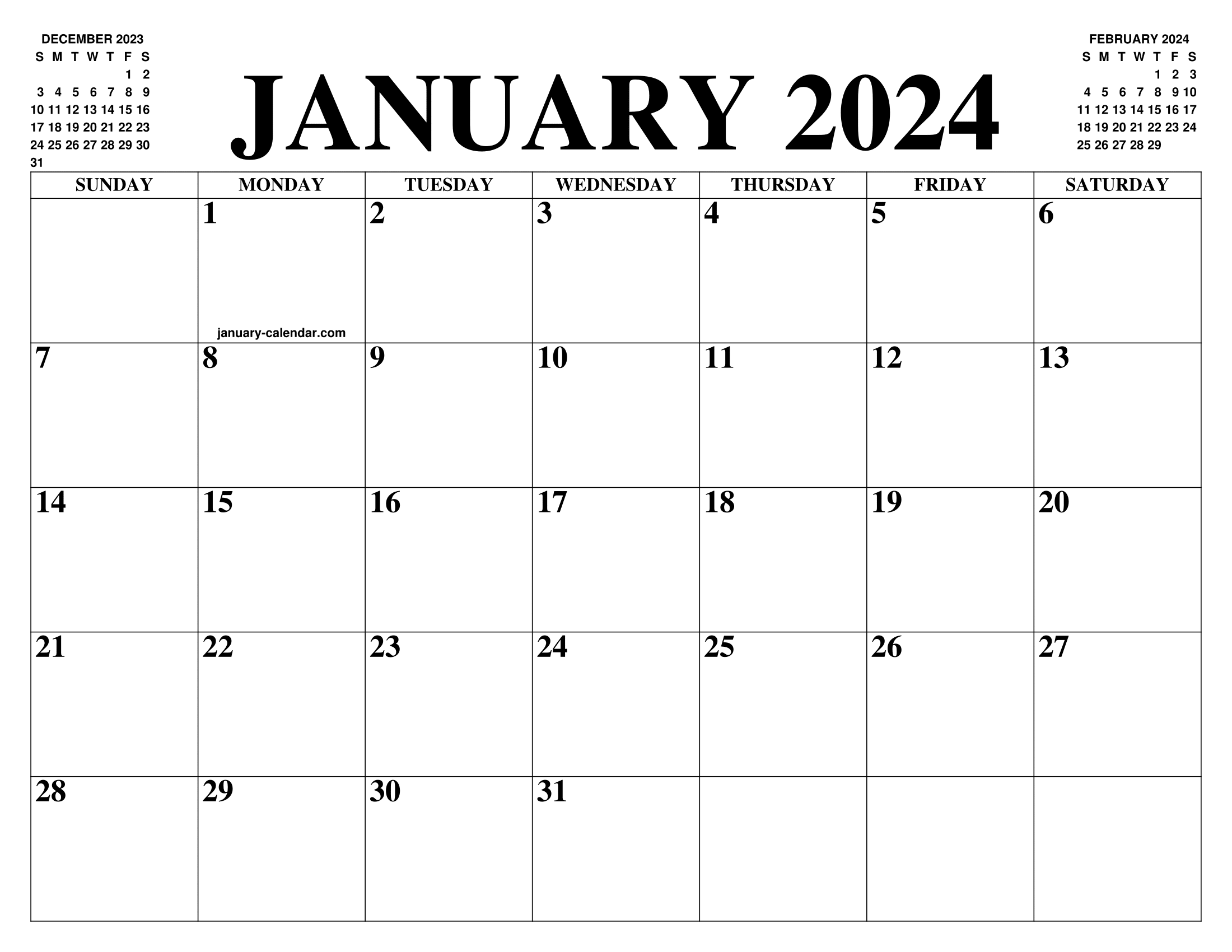 JANUARY 2024 CALENDAR OF THE MONTH FREE PRINTABLE JANUARY 2024 CALENDAR OF THE YEAR AGENDA