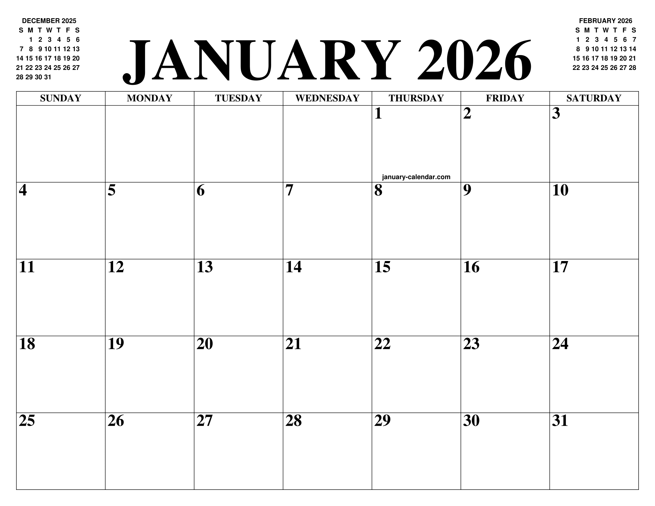 JANUARY 2026 CALENDAR OF THE MONTH FREE PRINTABLE JANUARY CALENDAR OF JANUARY 2026 CALENDAR OF THE MONTH FREE PRINTABLE JANUARY CALENDAR OF