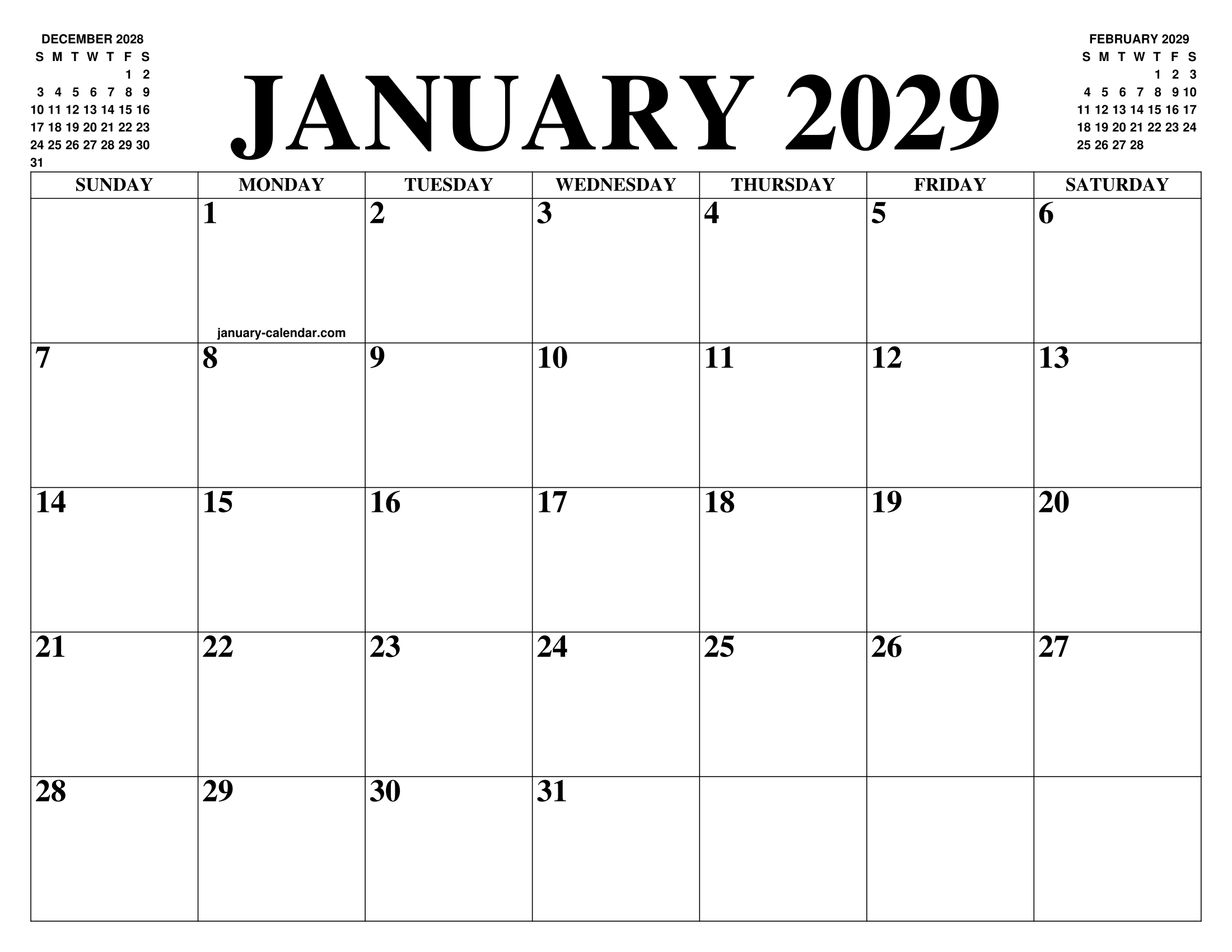 JANUARY 2029 CALENDAR OF THE MONTH FREE PRINTABLE JANUARY CALENDAR OF