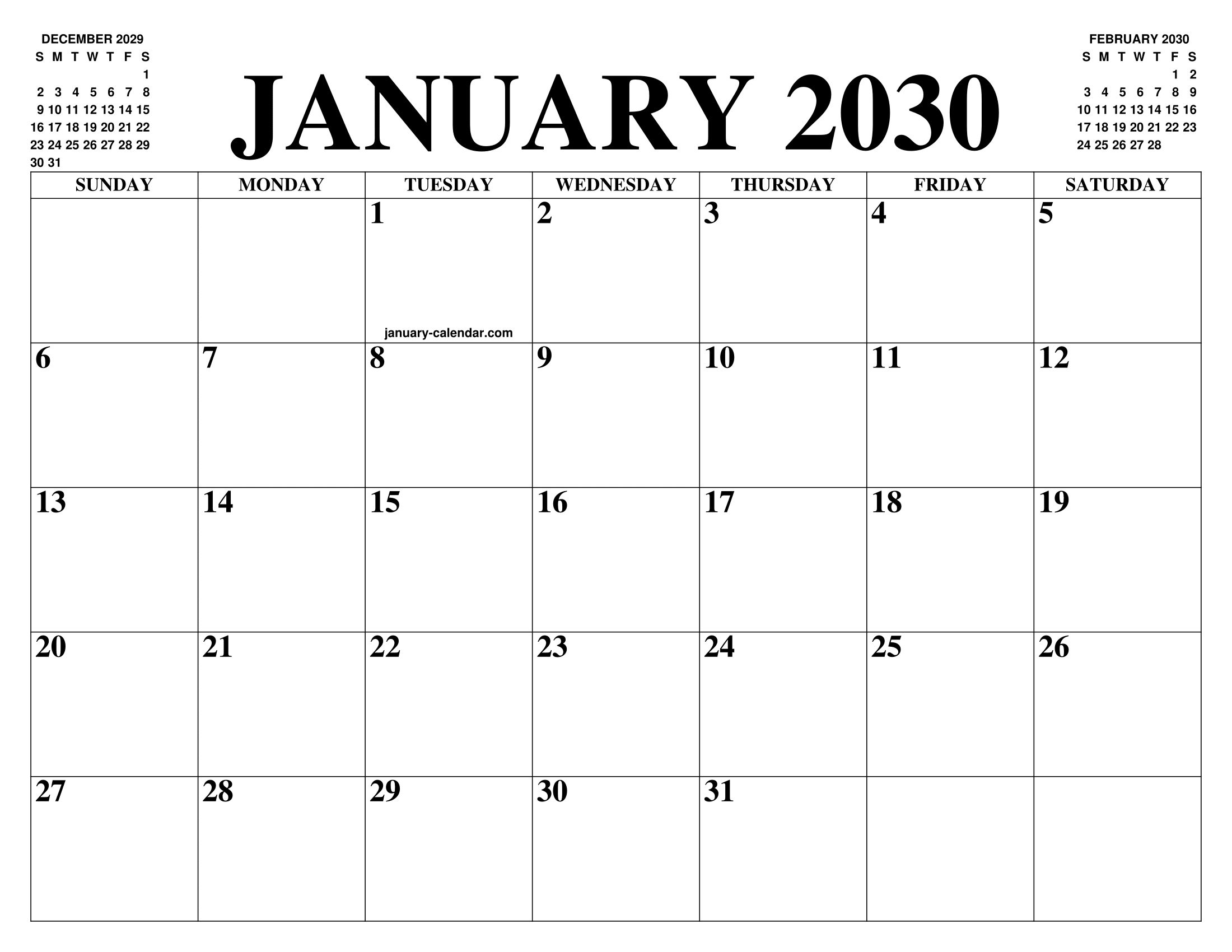 JANUARY 2030 CALENDAR OF THE MONTH FREE PRINTABLE JANUARY CALENDAR OF THE YEAR AGENDA