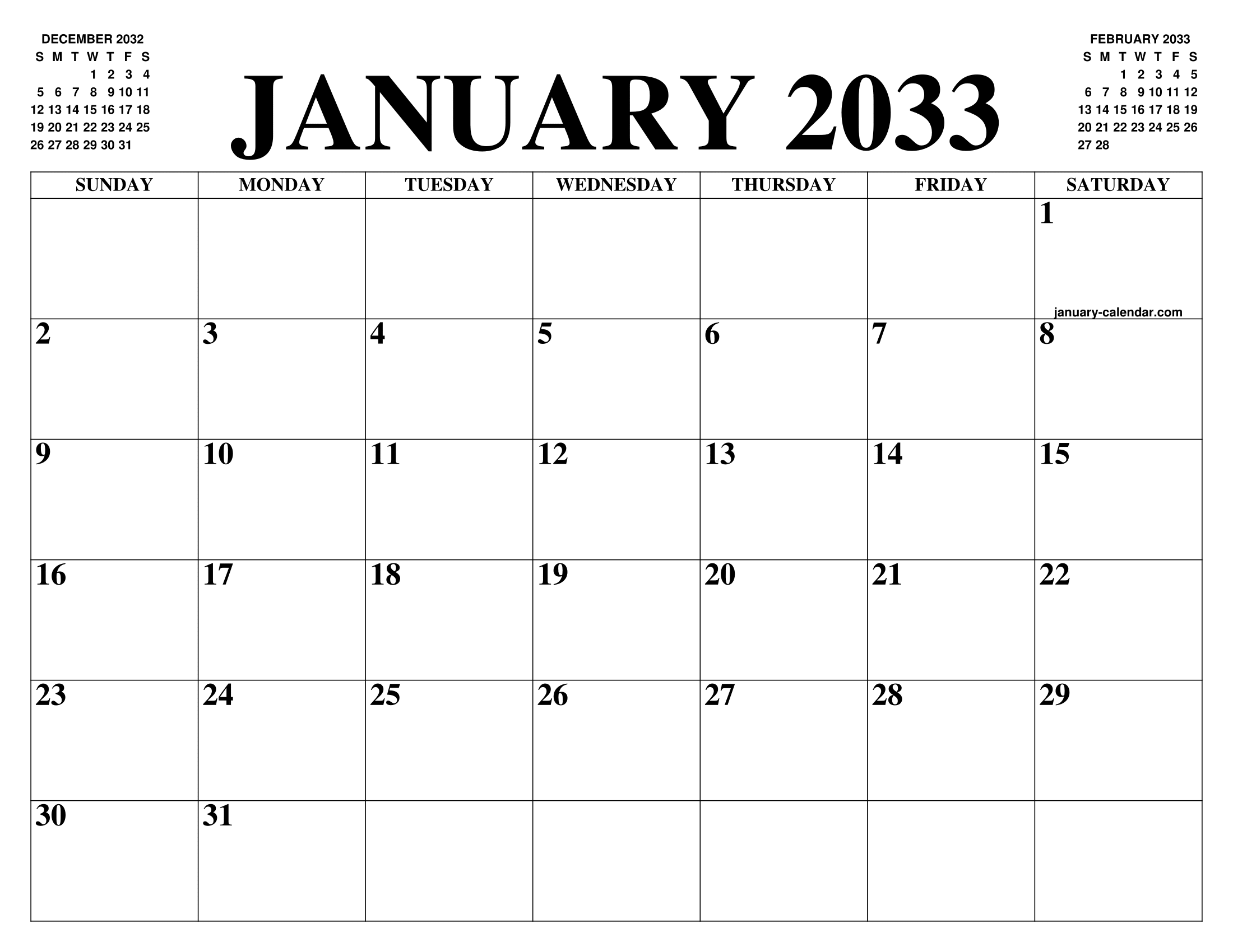 JANUARY 2033 CALENDAR OF THE MONTH FREE PRINTABLE JANUARY CALENDAR OF 