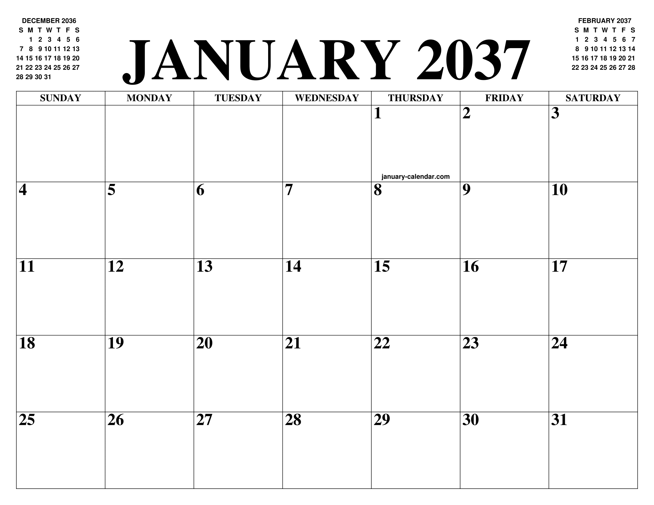 JANUARY 2037 CALENDAR OF THE MONTH FREE PRINTABLE JANUARY CALENDAR OF JANUARY 2037 CALENDAR OF THE MONTH FREE PRINTABLE JANUARY CALENDAR OF